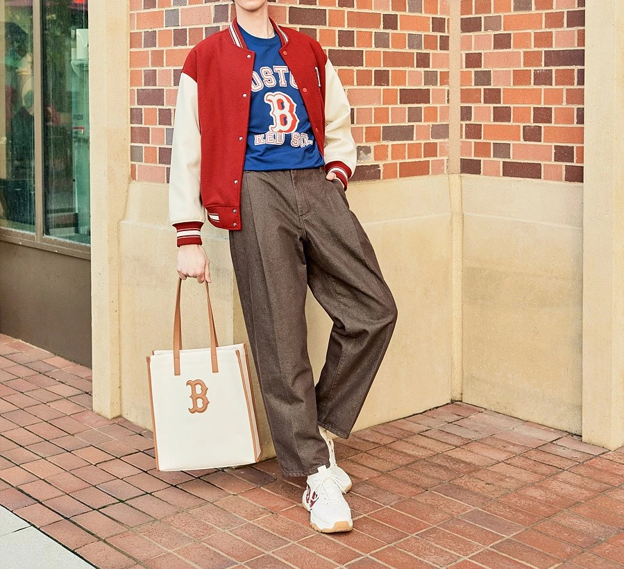 Basic Canvas Vertical Tote Bag Boston Redsox Cream