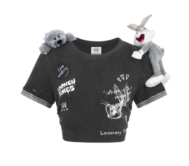 13 De Marzo x LOONEY TUNES Lace Up Half Back Top Washed Black